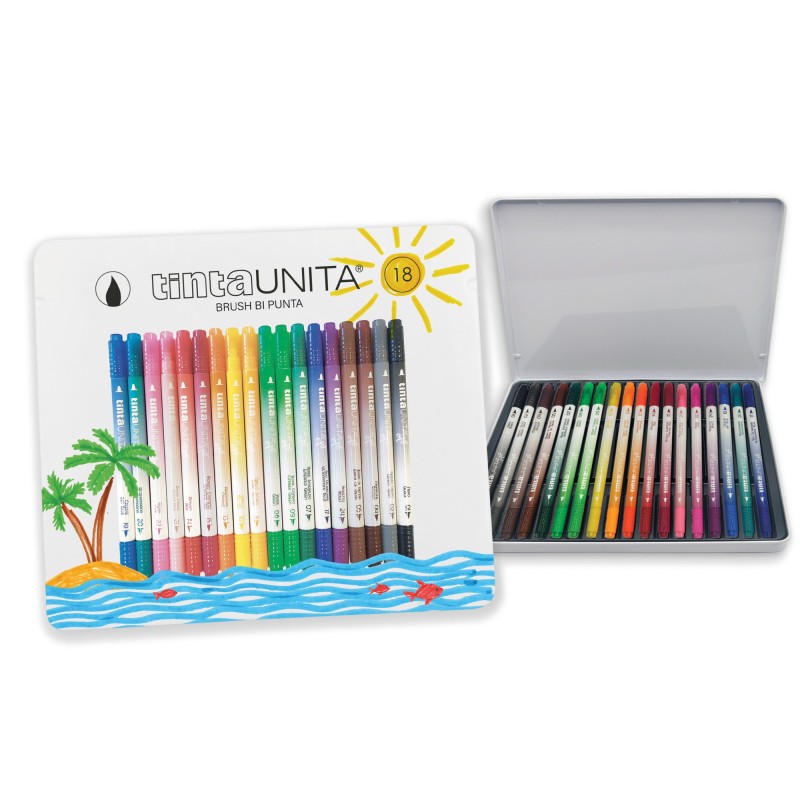 Scatola Metallo 18 Pennarelli Brush Bi-Punta TU Pool Over - Tinta Unita | Pennarelli Punta Pennello 