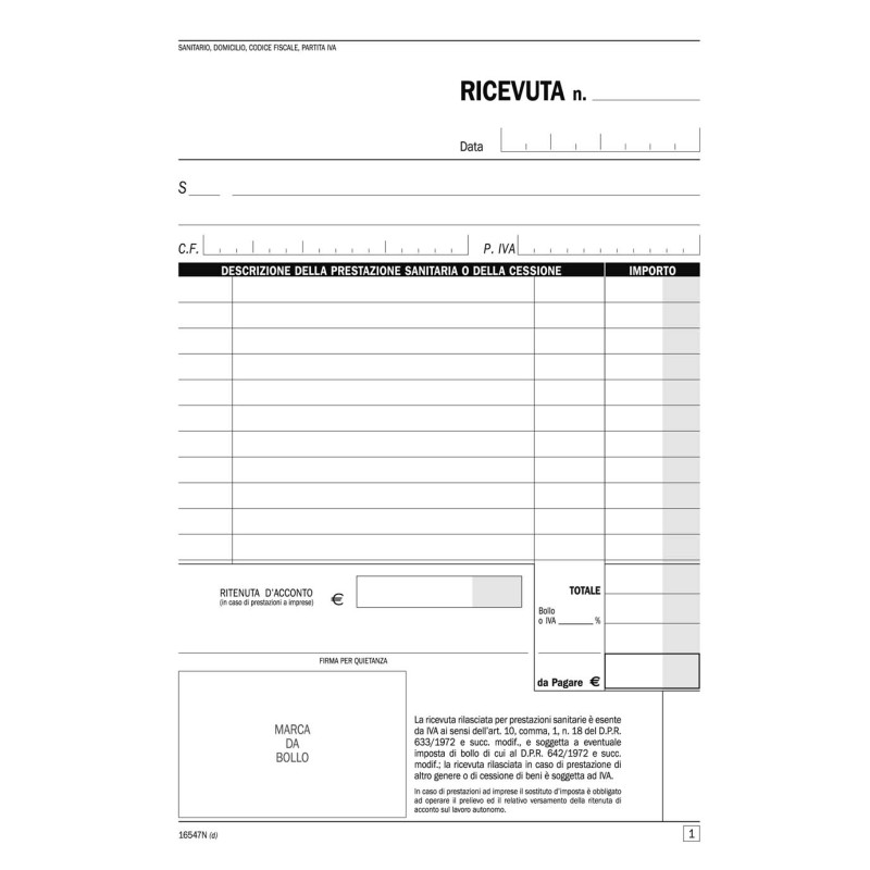 Ricevute sanitarie numerate 50/50 15x21 16547N000 Data ufficio | Sanità 
