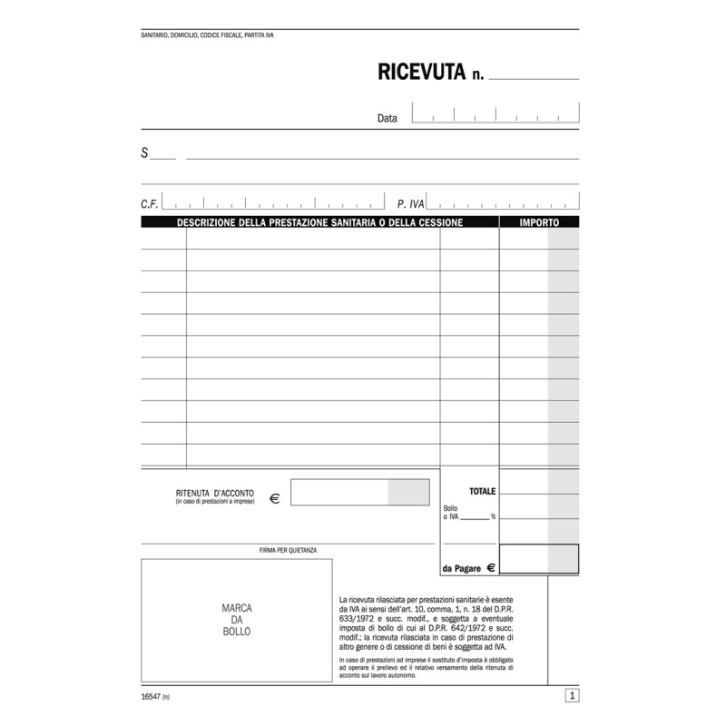 Ricevute sanitarie 50/50 15x21  16547 Data ufficio | Sanità 