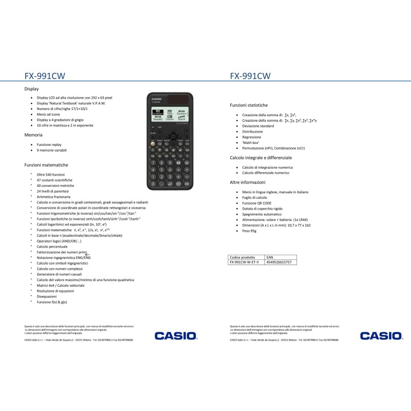 Calcolatrice Casio Scientifica FX991CW - 552FN Casio | Scientifica 