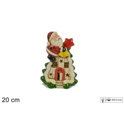 Babbo Natale su casetta albero c/luci h20